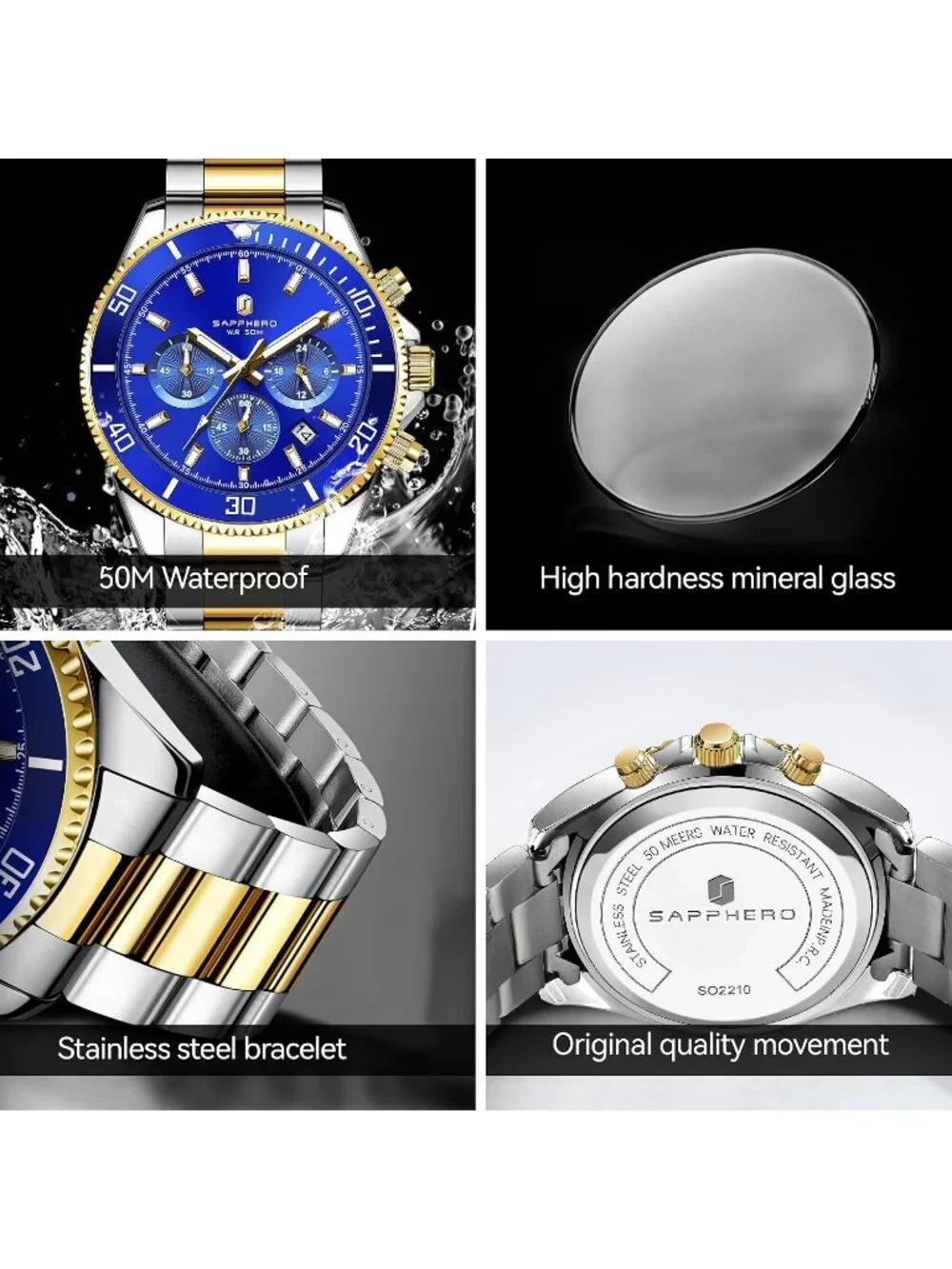 Men's Gold and Blue Chronograph Stainless Steel Waterproof Quartz Wrist Watch